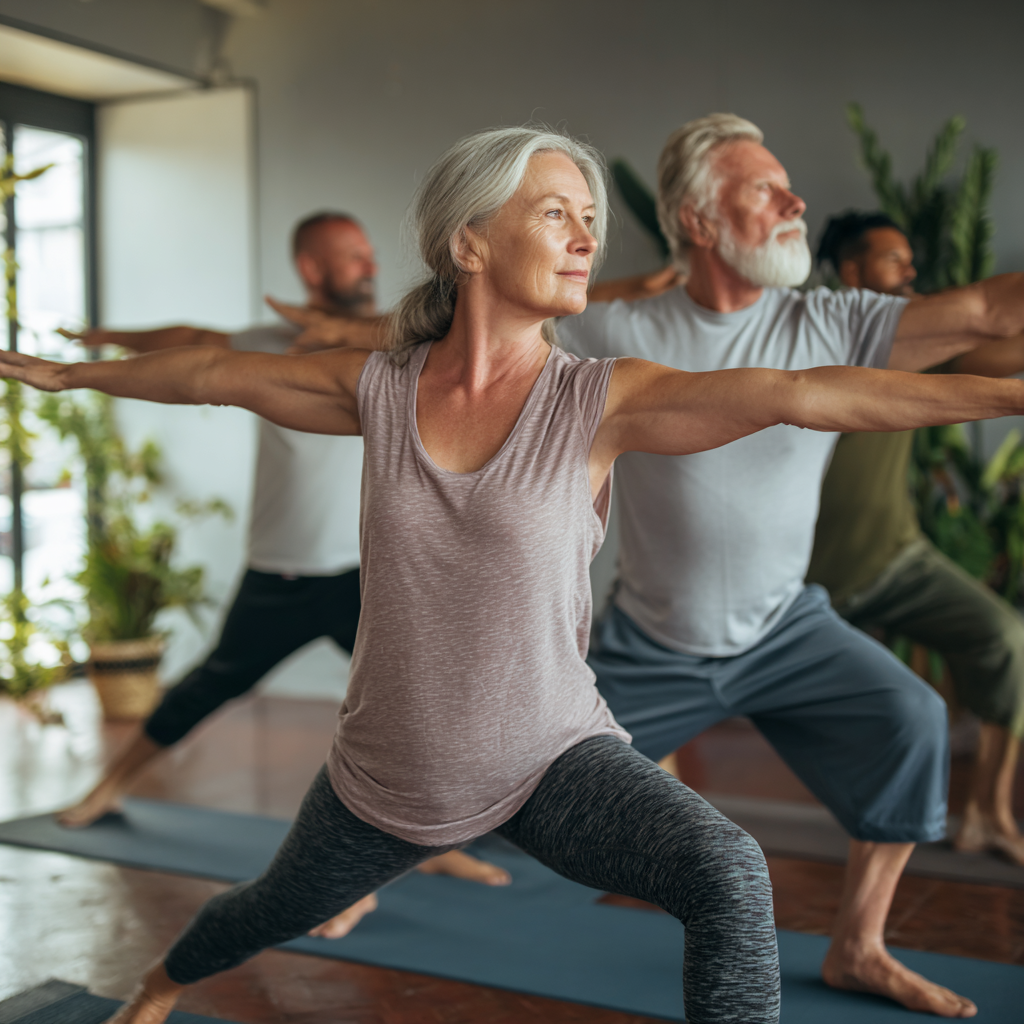 mature adults practicing balanced fitness routine in serene environment